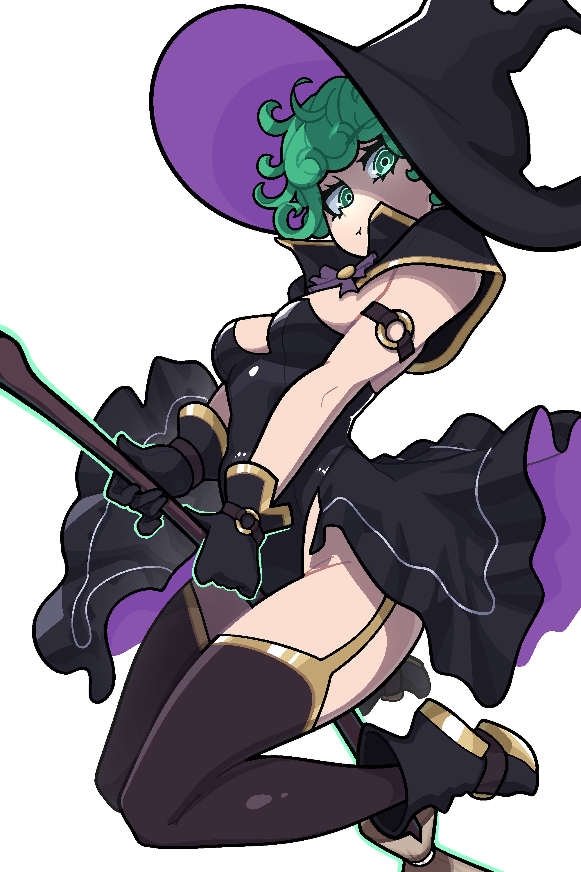 muds, tatsumaki, one-punch man, absurdres, highres, 1girl, alternate costume, black boots, black gloves, black leotard, black thighhighs, boots, breasts, broom, broom riding, closed mouth, garter straps, gloves, green eyes, green hair, hat, holding, holding broom, leotard, looking at viewer, medium breasts, pout, ringed eyes, short hair, showgirl skirt, simple background, solo, thighhighs, white background, witch, witch hat