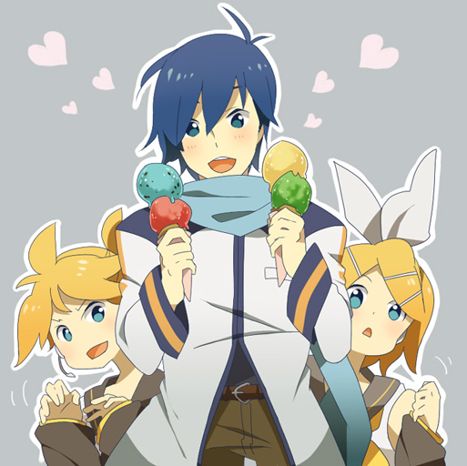 hayato (meromoni), kagamine len, kagamine rin, kaito (vocaloid), vocaloid, 1girl, 2boys, blonde hair, blue eyes, blue hair, blue scarf, food, happy, heart, ice cream, multiple boys, scarf, short hair, siblings, twins
