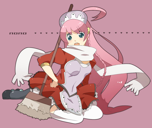 hayato (meromoni), nono (top wo nerae 2!), top wo nerae! (series), top wo nerae 2!, 00s, 1girl, apron, blue eyes, braid, broom, character name, dress, female focus, long hair, mop, pink hair, red dress, scarf, simple background, sitting, solo, thighhighs, very long hair, white scarf, white thighhighs