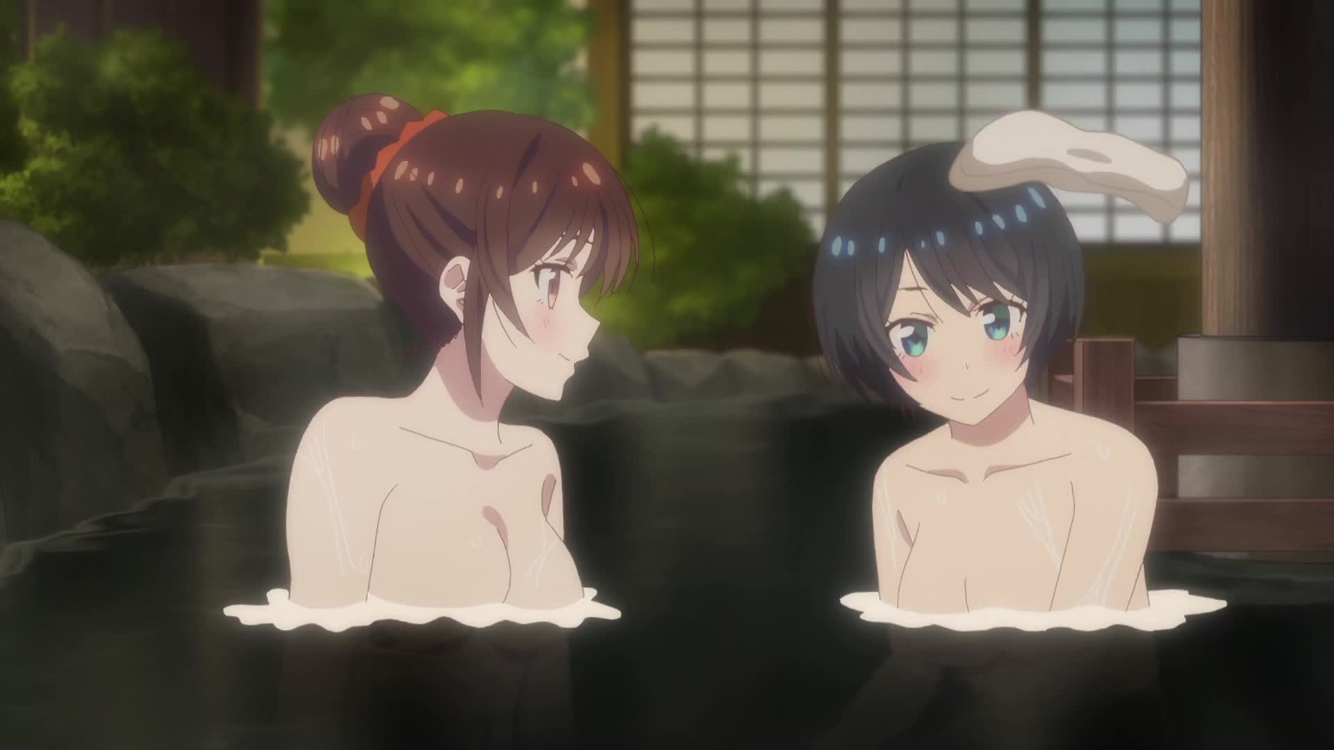 mizuhara chizuru, sarashina ruka, kanojo okarishimasu, animated, anime screenshot, highres, sound, tagme, video, 2girls, back, black hair, blue eyes, blush, breasts, brown eyes, brown hair, closed eyes, collarbone, completely nude, covering crotch, covering privates, grabbing another's thighs, hair bun, hair ornament, hair scrunchie, large breasts, multiple girls, navel, nude, onsen, partially submerged, red scrunchie, same-sex bathing, scrunchie, shared bathing, short hair, shoulder blades, smile, stomach, towel, towel on head, water