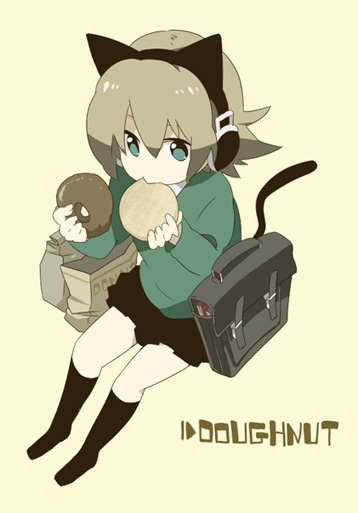 hayato (meromoni), original, animal ears, bag, donut, eating, food, headphones, satchel, school bag, sitting, socks, solo, tail