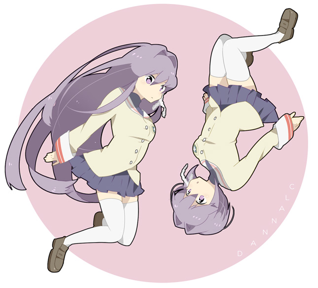 hayato (meromoni), fujibayashi kyou, fujibayashi ryou, clannad, white legwear, 00s, 2girls, copyright name, loafers, long hair, miniskirt, multiple girls, pleated skirt, purple eyes, purple hair, school uniform, shoes, short hair, siblings, simple background, sisters, skirt, thighhighs, twins, upside-down, very long hair, zettai ryouiki