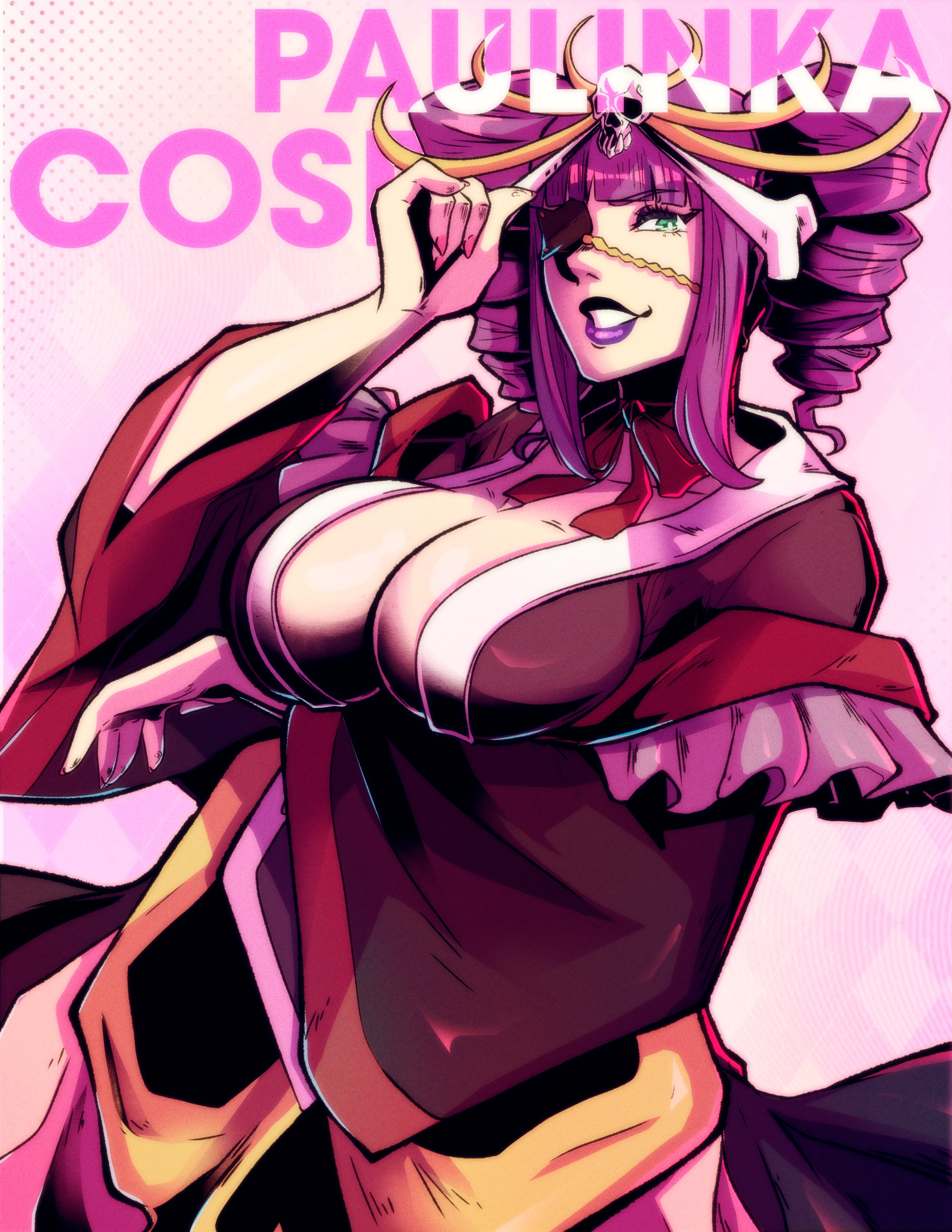 nico artoo, katen kyoukotsu, bleach, 1girl, breasts, cleavage, drill hair, eyepatch, green eyes, large breasts, purple hair, solo, twin drills, zanpakutou (spirit)