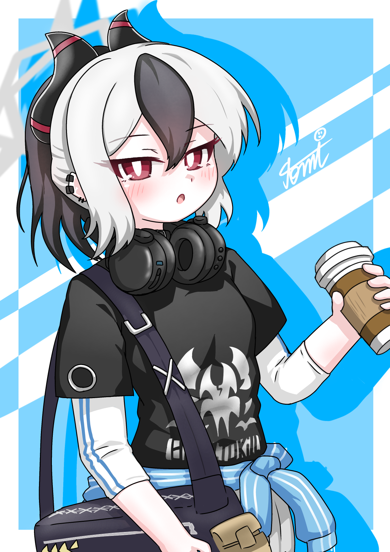 tomimon, kayoko (blue archive), blue archive, commentary request, highres, 1girl, bag, black hair, black horns, clothes around waist, cup, demon girl, demon horns, grey halo, hair between eyes, halo, headphones, holding, holding cup, horns, multicolored hair, red eyes, shirt, solo, white hair