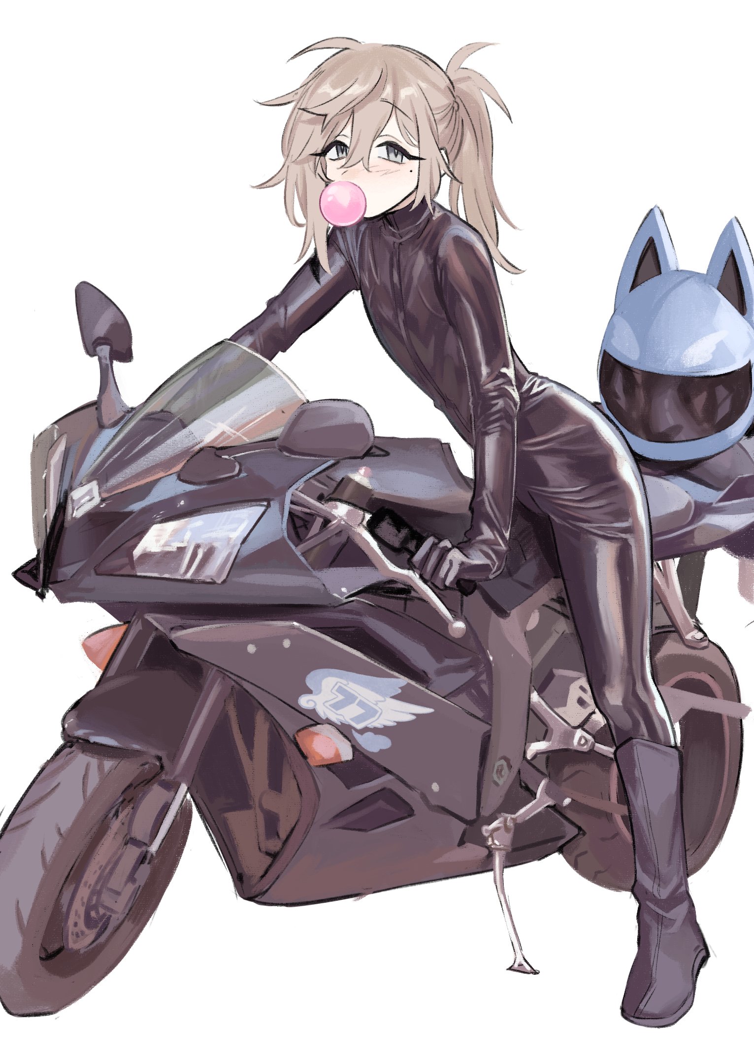 sp1nosaur, kanae (nijisanji), nijisanji, highres, 1boy, black bodysuit, blush, bodysuit, boots, brown hair, chewing gum, full body, grey eyes, hair between eyes, helmet, long hair, looking at viewer, male focus, mole, mole under eye, motor vehicle, motorcycle, motorcycle helmet, ponytail, simple background, skin tight, solo, virtual youtuber, white background