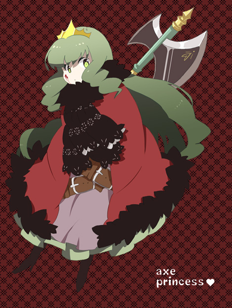 hayato (meromoni), original, axe, blood, crown, green eyes, green hair, hat, long hair, scarf, solo, weapon