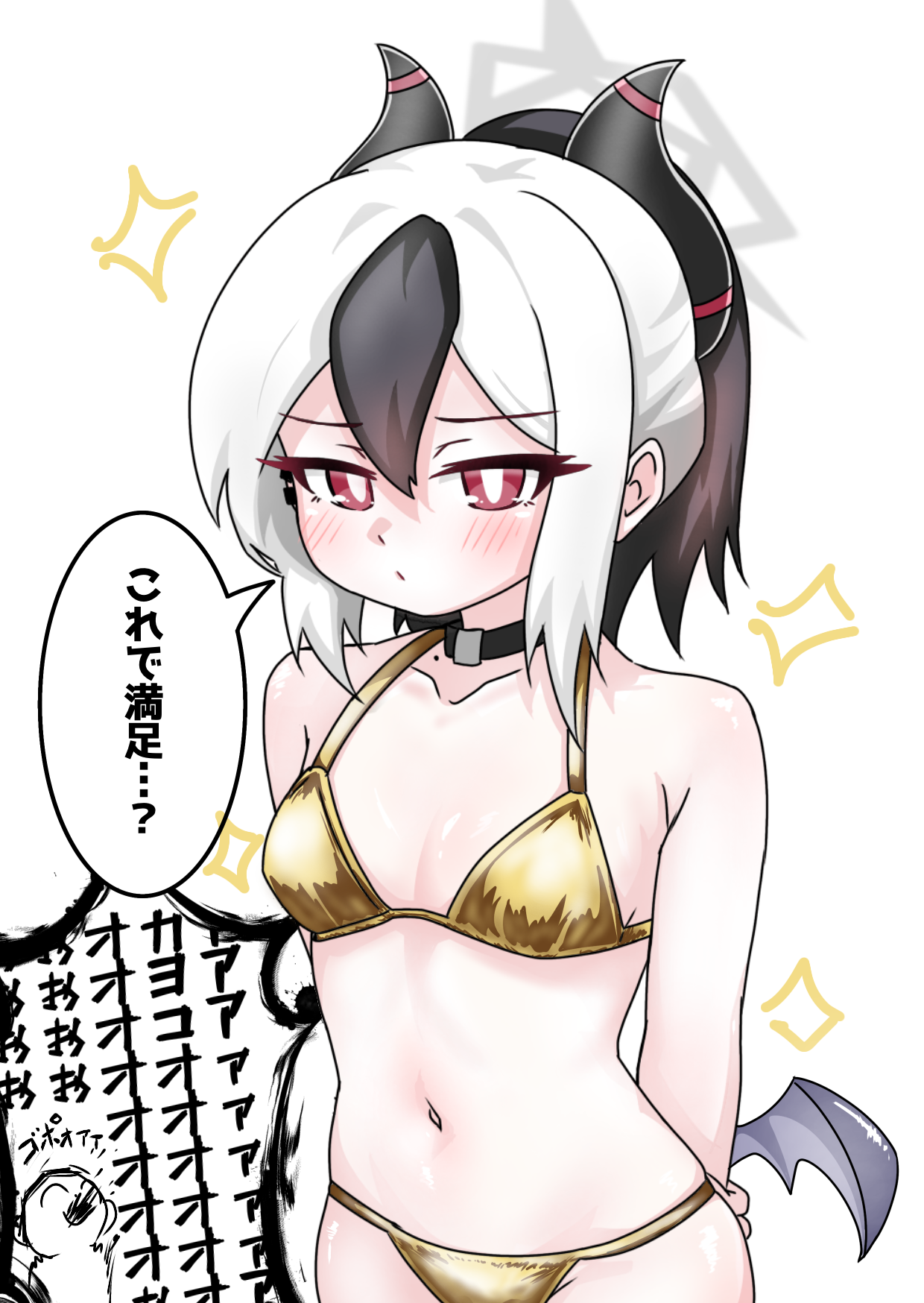 tomimon, doodle sensei (blue archive), kayoko (blue archive), sensei (blue archive), blue archive, commentary request, highres, translation request, 1boy, 1girl, bikini, black hair, blush, breasts, closed mouth, collarbone, gold bikini, grey wings, halo, horns, looking at viewer, low wings, multicolored hair, navel, ponytail, red eyes, simple background, single wing, small breasts, solo focus, sparkle, swimsuit, two-tone hair, white background, white hair, wings