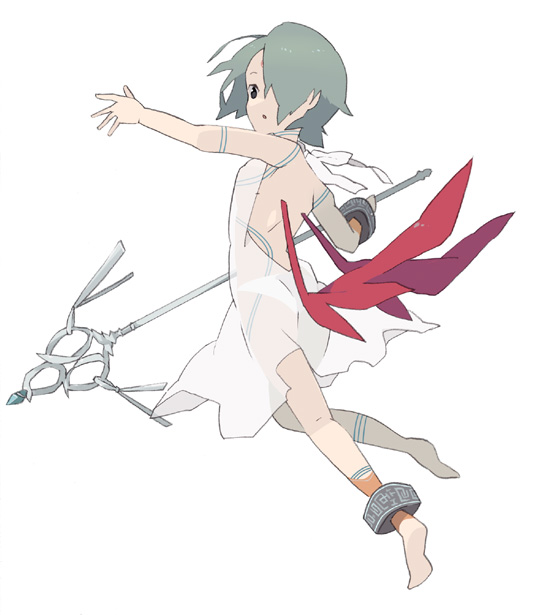 hayato (meromoni), nina (breath of fire v), breath of fire, breath of fire v, 1girl, female focus, full-body tattoo, green hair, red wings, see-through clothes, short hair, solo, staff, tattoo, wings