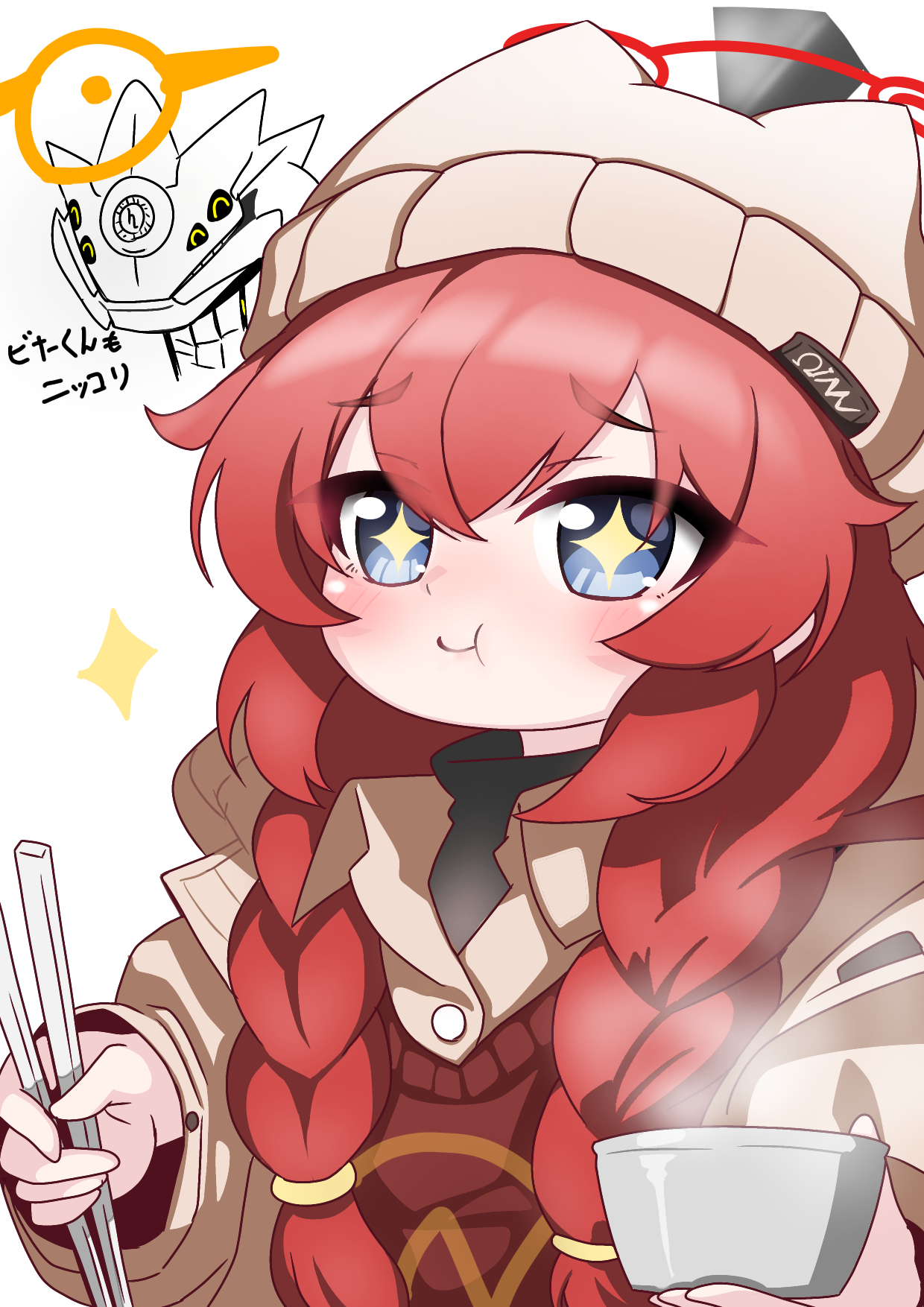 tomimon, maki (blue archive), maki (camp) (blue archive), blue archive, commentary request, highres, translation request, + +, 1girl, animal ears, animal hat, beanie, black shirt, blue eyes, blush, braid, brown hat, brown shirt, brown sweater, chopsticks, closed mouth, collared shirt, dress shirt, eating, fake animal ears, hair between eyes, hair over shoulder, halo, hat, holding, holding chopsticks, low twintails, red hair, shirt, simple background, solo focus, sparkle, sweater, twin braids, twintails, white background