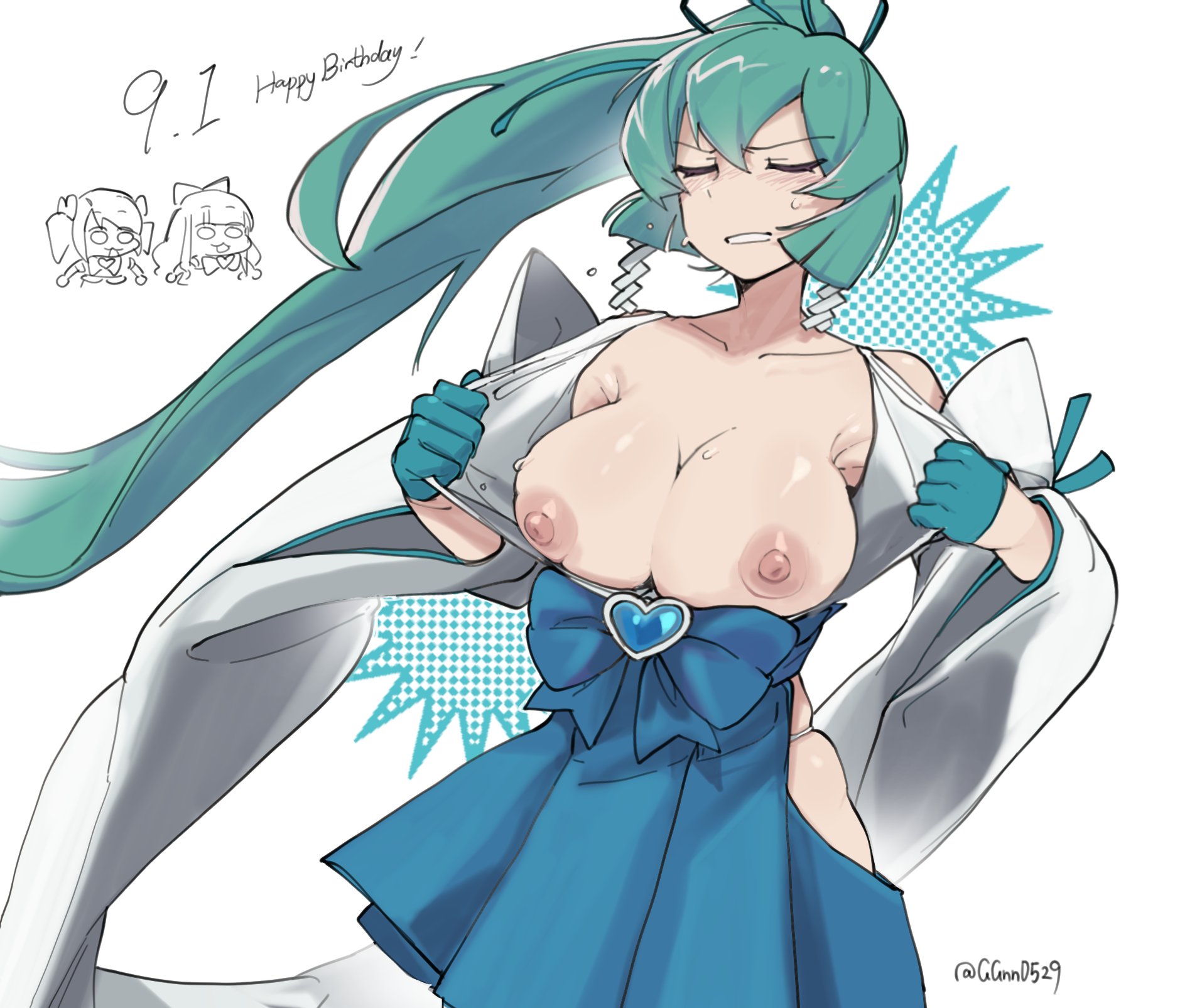 guagua977, hanabishi haruka, magia azure (la verita), minakami sayo, tenkawa kaoruko, mahou shoujo ni akogarete, highres, 3girls, blue gloves, blue hair, blush, breasts, chibi, closed eyes, detached sleeves, gloves, large breasts, long hair, long sleeves, multiple girls, nipples, ponytail, solo focus, very long hair