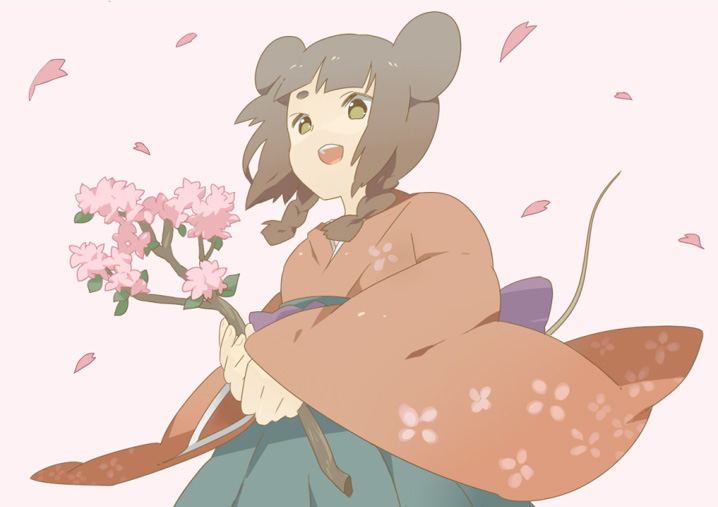 hayato (meromoni), animal ears, braid, branch, brown eyes, brown hair, cherry blossoms, flower, japanese clothes, kimono, mouse ears, petals, short hair, solo, tail, twin braids