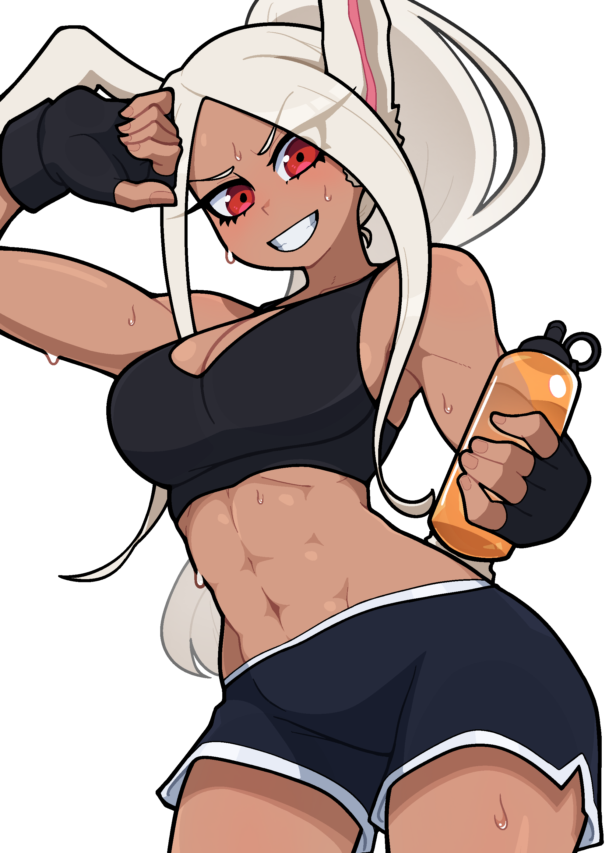 muds, mirko, boku no hero academia, absurdres, highres, 1girl, abs, animal ears, black gloves, black shorts, black sports bra, bottle, breasts, cleavage, fingerless gloves, gloves, holding, holding bottle, large breasts, long hair, muscular, muscular female, navel, open mouth, parted lips, ponytail, rabbit ears, rabbit girl, red eyes, shorts, simple background, solo, sports bra, sweat, water bottle, white background, white hair