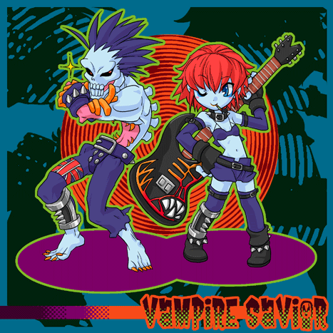 lord raptor, capcom, darkstalkers, lowres, 1boy, 1girl, blue skin, colored skin, dual persona, genderswap, genderswap (mtf), guitar, instrument, midnight bliss, thighhighs