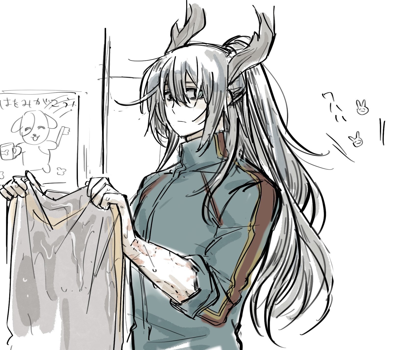 keisotu kuruu, hong lu (project moon), limbus company, project moon, highres, 1boy, alternate costume, antlers, aqua track suit, bite mark, black eyes, black hair, blue eyes, heterochromia, high ponytail, holding, holding unworn clothes, horns, long hair, long sleeves, looking at viewer, male focus, ponytail, r corp. (identity) (project moon), reindeer antlers, simple background, solo, standing, track suit, upper body, very long hair, white background