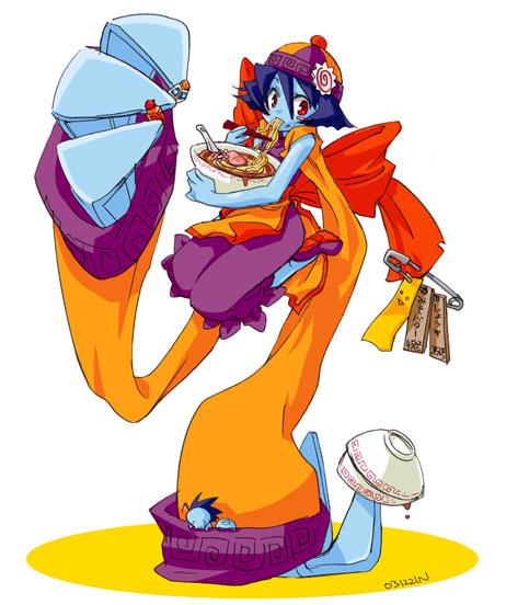 hsien-ko, lord raptor, mei-ling (darkstalkers), capcom, darkstalkers, 1girl, blue skin, breasts, cleavage, colored skin, female focus, flipped hair, food, meandros, noodles, ramen, solo