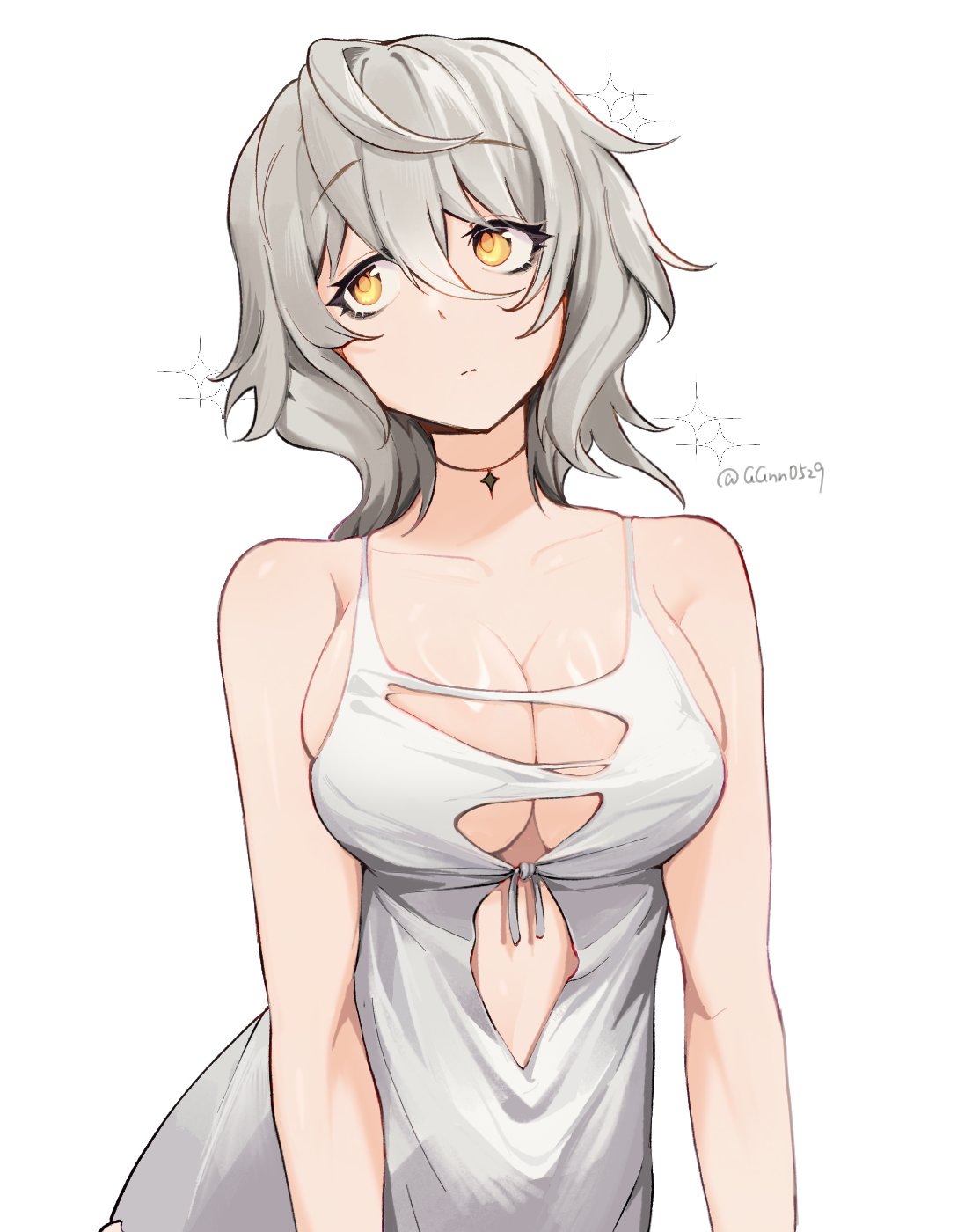 guagua977, io (code vein), code vein, highres, 1girl, breasts, cleavage, dress, grey hair, large breasts, simple background, sleeveless, sleeveless dress, solo, upper body, white background, white dress, yellow eyes