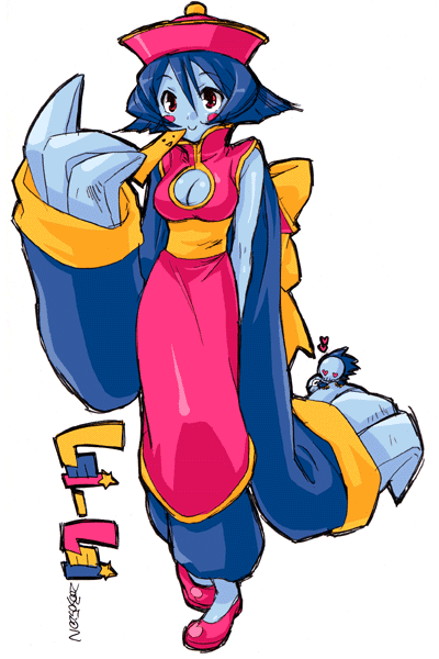 hsien-ko, mei-ling (darkstalkers), capcom, darkstalkers, 1girl, arm behind back, blue skin, breasts, character name, cleavage, cleavage cutout, clothing cutout, colored skin, female focus, flipped hair, full body, hat, qingdai guanmao, simple background, solo, standing, white background