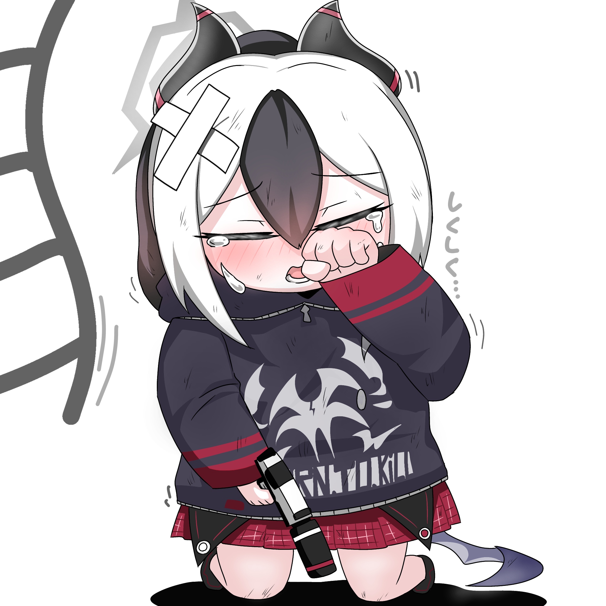 tomimon, kayoko (blue archive), blue archive, commentary request, highres, 1girl, black hair, black hoodie, black horns, chibi, closed eyes, crossed bandaids, crying, demon girl, demon horns, grey halo, grey wings, gun, hair between eyes, halo, hand up, holding, holding gun, holding weapon, hood, hood down, hoodie, horns, kneeling, long sleeves, low wings, multicolored hair, open mouth, pleated skirt, red skirt, shadow, simple background, single wing, skirt, sleeves past wrists, solo, tears, two-tone hair, weapon, white background, white hair, wings