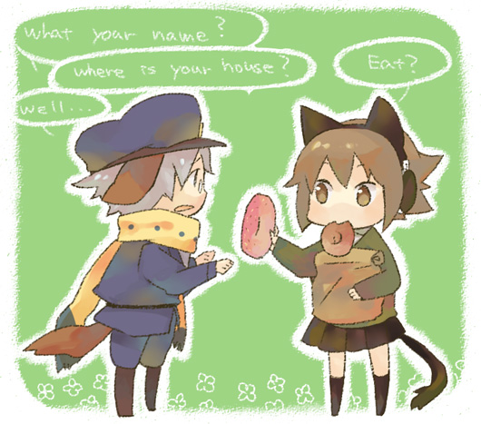hayato (meromoni), original, 1boy, 1girl, animal ears, chibi, donut, english text, food, glasses, green background, headphones, mouth hold, pince-nez, pleated skirt, scarf, skirt, socks, tail