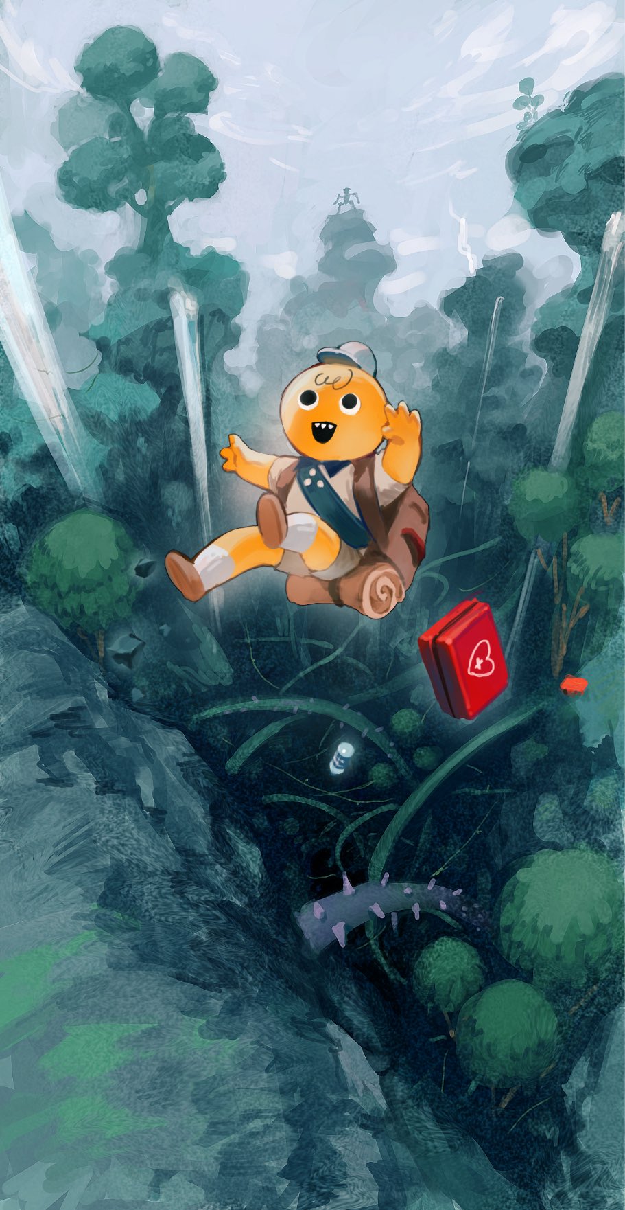 ishida (segu ishida), scout (peak), peak (game), highres, 1boy, :d, backpack, bag, cloud, falling, first aid kit, hat, male focus, nature, open mouth, outdoors, plant, sharp teeth, sky, smile, solo, teeth, tree