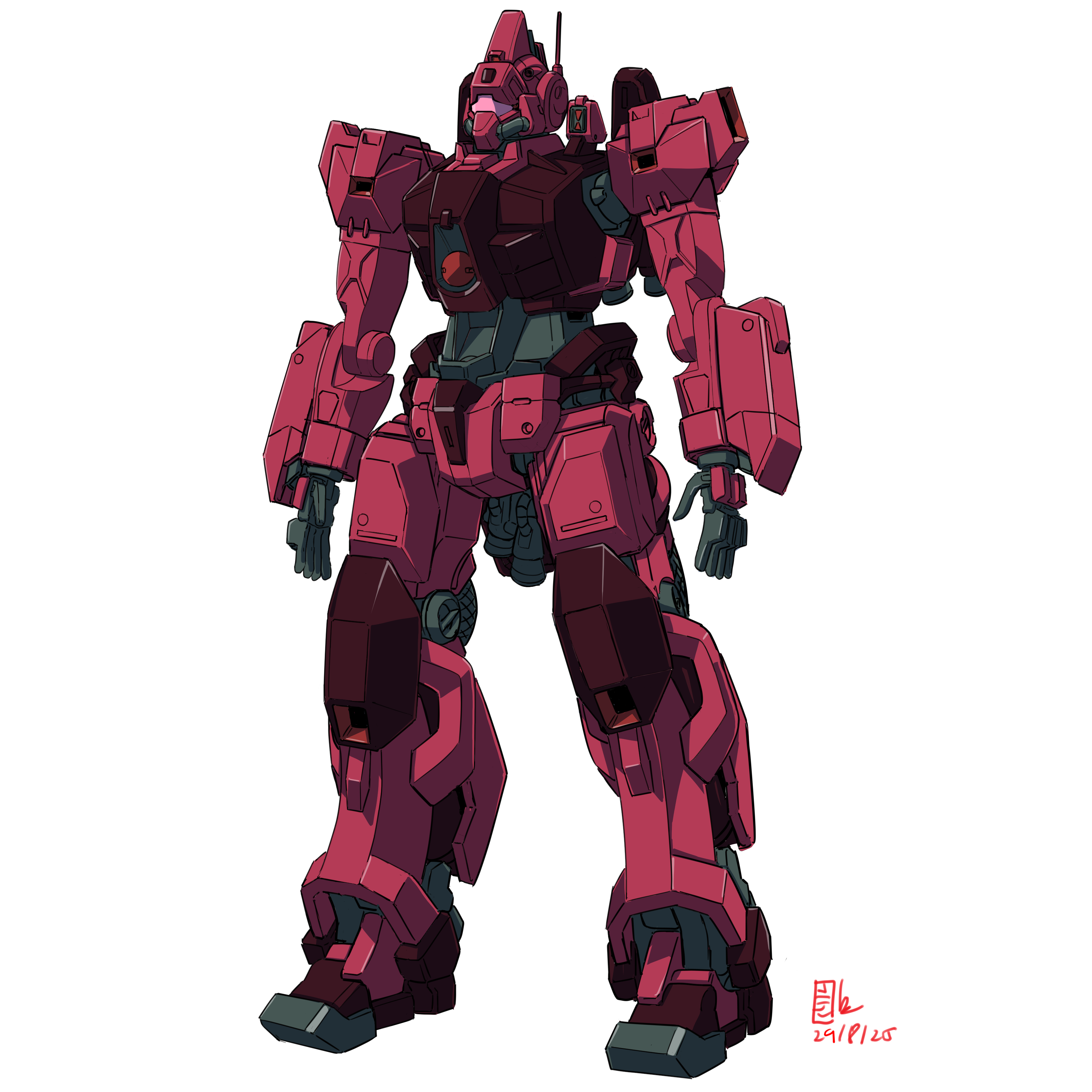 pravin rao santheran, galbaldy beta, gundam, gundam gquuuuuux, original, zeta gundam, absurdres, commentary request, highres, 2025, alternate universe, colored lineart, dated, machinery, mecha, mecha focus, mobile suit, no humans, radio antenna, red visor, redesign, robot, science fiction, signature, titans (gundam), white background, yamashita ikuto (style)
