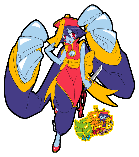 hsien-ko, capcom, darkstalkers, 1girl, blue skin, breasts, cleavage, cleavage cutout, clothing cutout, colored skin, female focus, flipped hair, knife, solo, transparent background