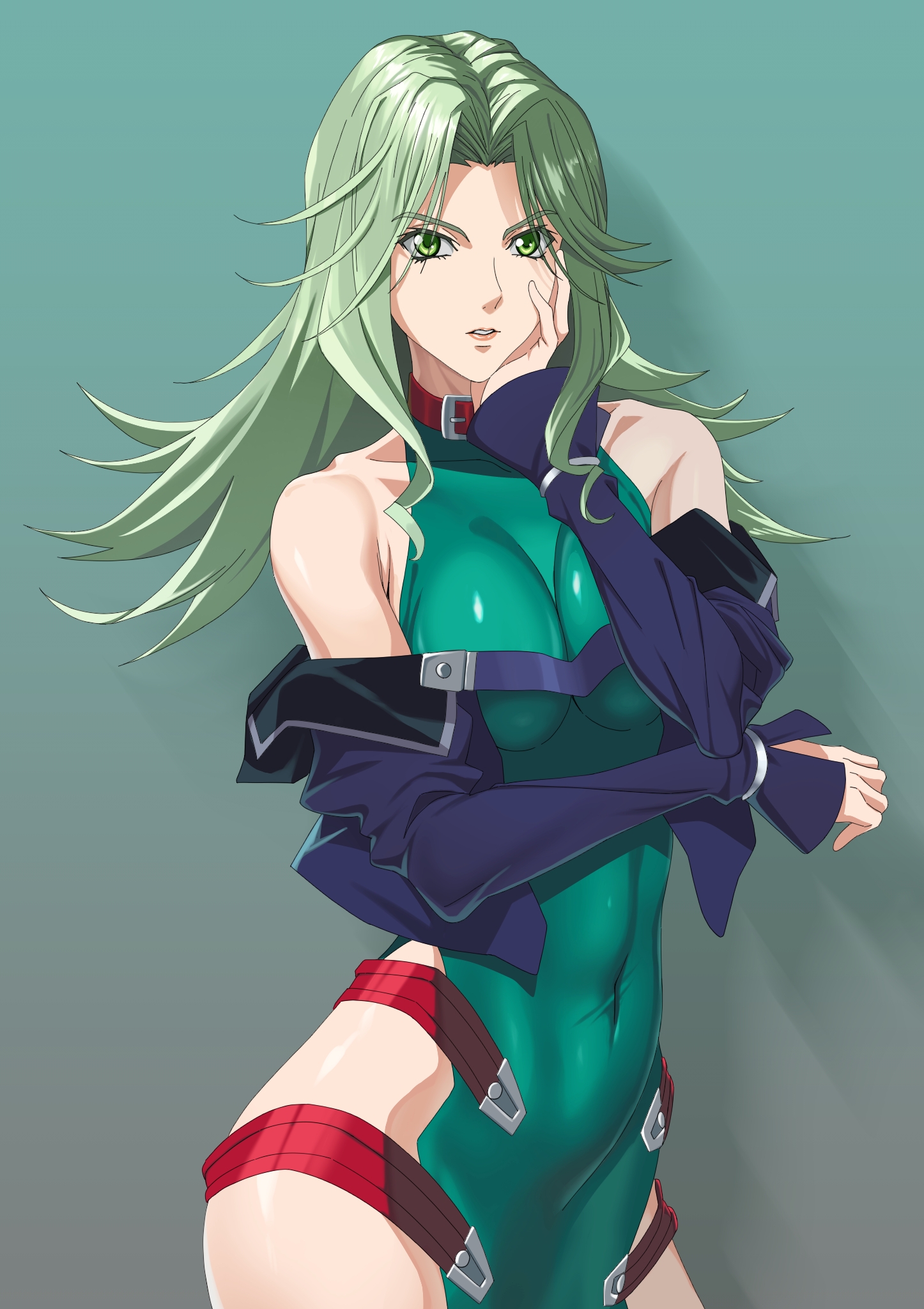 wakusei-planet, lamia loveless, super robot wars, super robot wars original generation, highres, 1girl, bare shoulders, bodysuit, breasts, collar, covered navel, dress, green eyes, green hair, impossible clothes, impossible dress, large breasts, long hair, looking at viewer, skin tight, solo