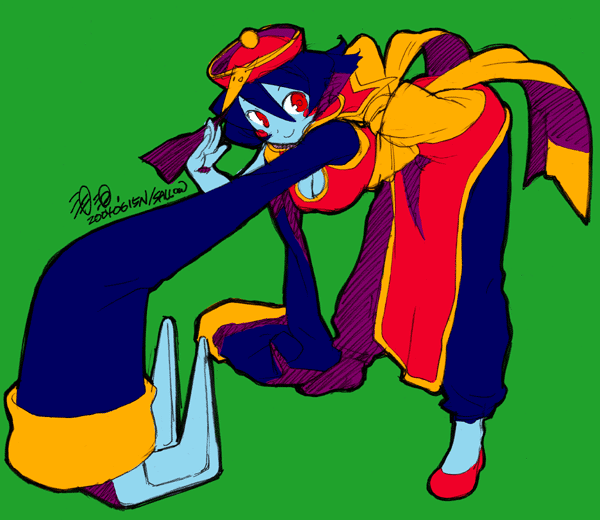 hsien-ko, capcom, darkstalkers, 1girl, blue skin, breasts, cleavage, cleavage cutout, clothing cutout, colored skin, female focus, flipped hair, solo