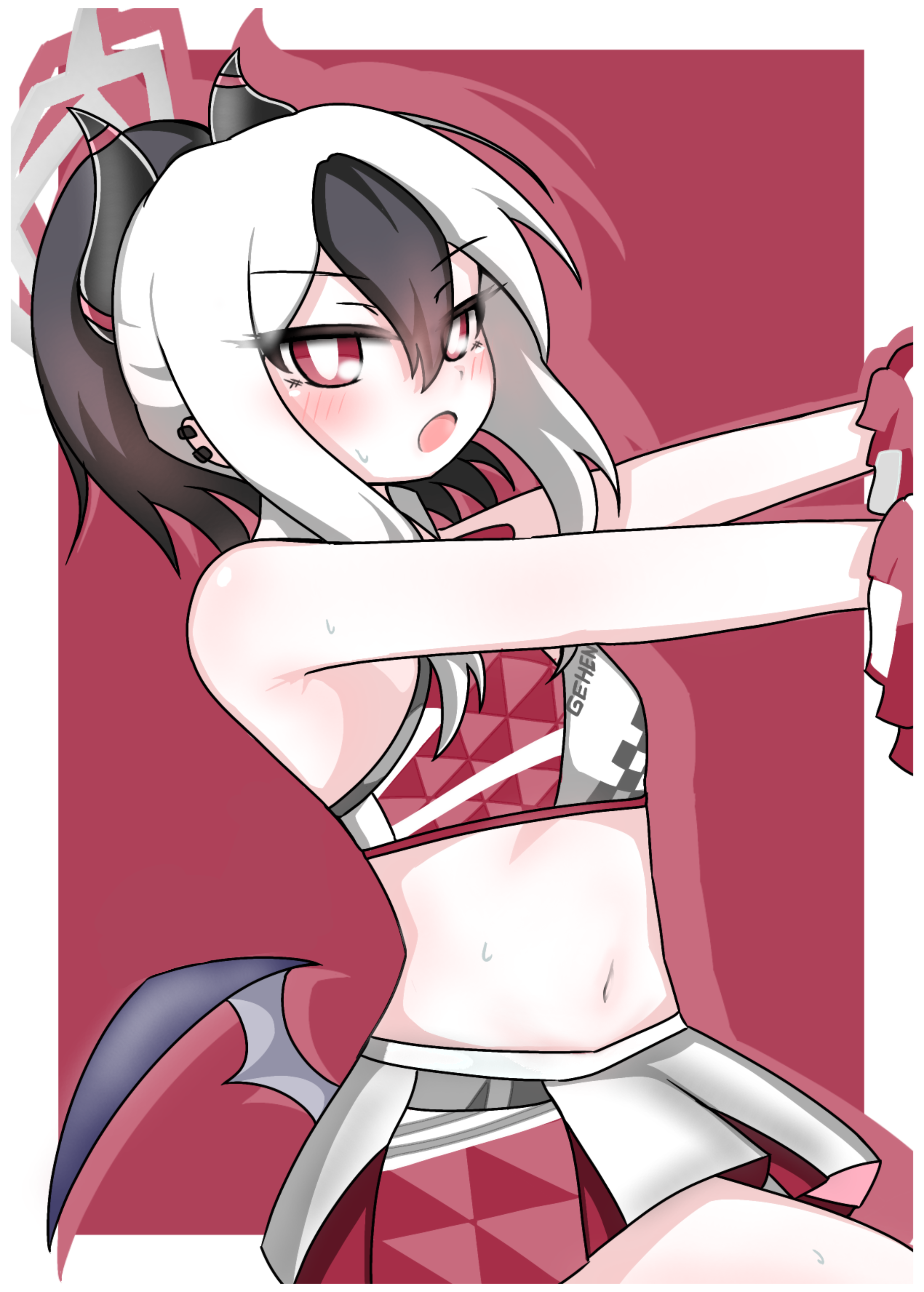 tomimon, kayoko (blue archive), blue archive, absurdres, commentary request, highres, 1girl, black hair, black horns, cheerleader, demon girl, demon horns, grey halo, hair between eyes, halo, horns, millennium cheerleader outfit (blue archive), multicolored hair, navel, pom pom (cheerleading), ponytail, red eyes, skirt, solo, two-tone hair, white hair, wings