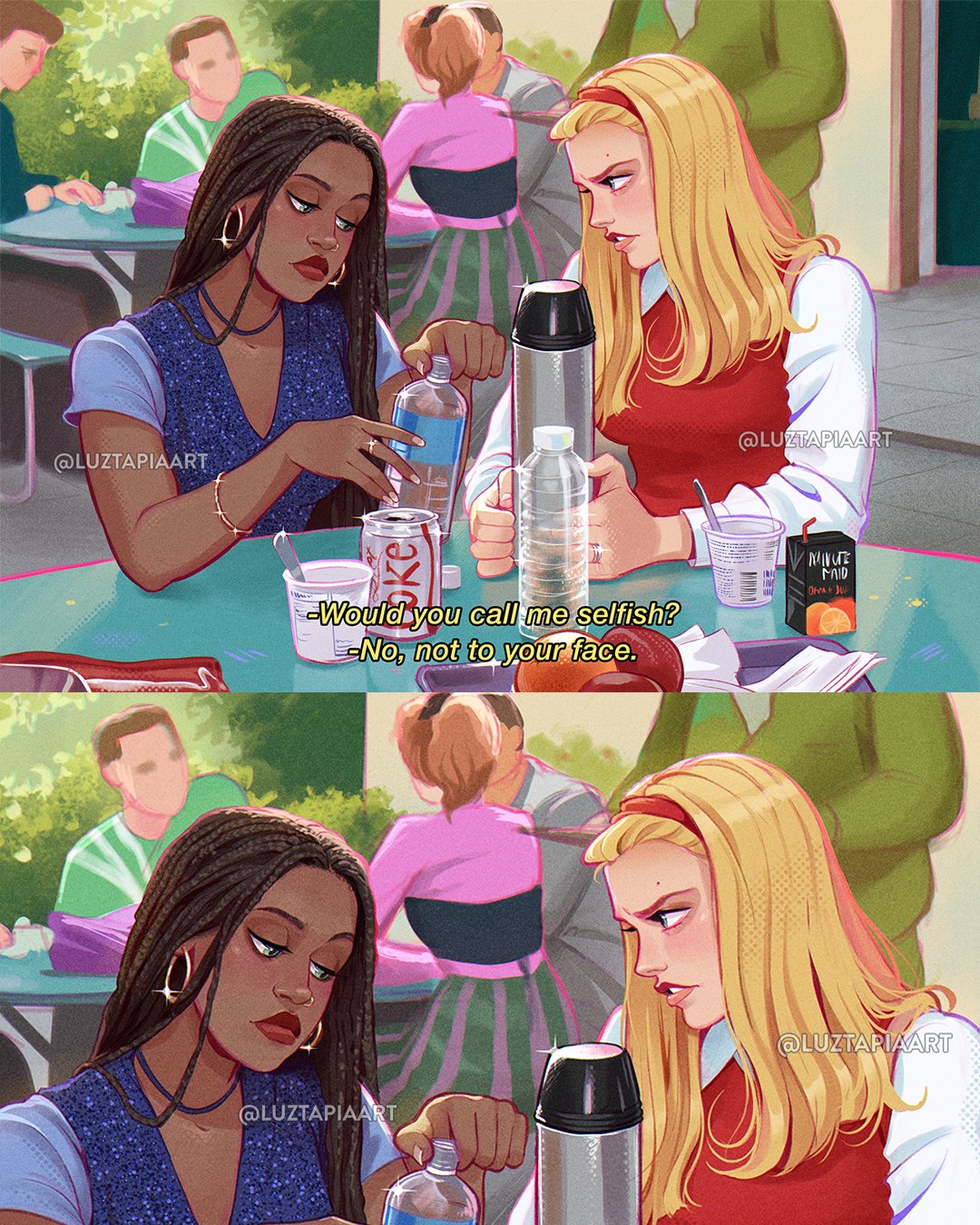 luztapiaart, clueless (movie), highres, 2girls, artist name, blonde hair, bottle, bracelet, brown hair, can, cher horowitz, dark-skinned female, dark skin, dionne davenport, dreadlocks, drink can, earrings, jewelry, juice box, long hair, multiple girls, red sweater vest, scene reference, shirt, subtitled, sweater vest, thermos, very dark skin, water bottle, watermark, white shirt
