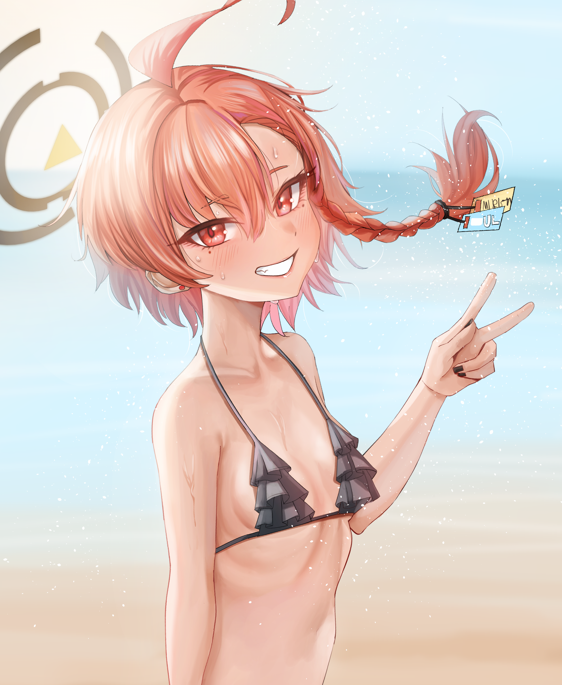 taeman, neru (blue archive), neru (swimsuit) (blue archive), blue archive, highres, 1girl, ahoge, alternate costume, beach, bikini, black bikini, black halo, black nails, blue sky, braid, breasts, day, grin, halo, mole, mole under each eye, mole under eye, multiple moles, ocean, outdoors, red eyes, red hair, ruffle bikini, sand, short hair, single braid, sky, small breasts, smile, solo, swimsuit, tag, teeth, v