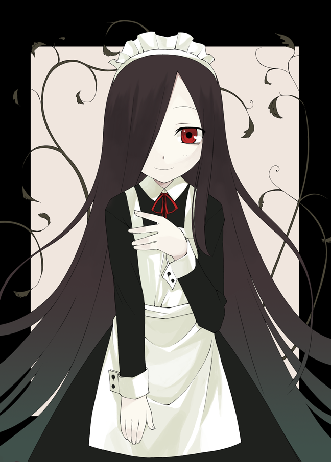 ikura hato, ozoi, futaba channel, nijiura maids, 1girl, apron, black hair, brown hair, female focus, hair over one eye, long hair, maid, maid apron, red eyes, solo