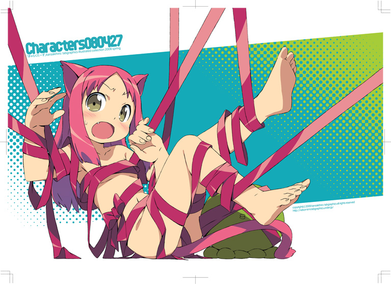 kanzaki hiro, tabgraphics, bad id, bad pixiv id, 1girl, animal ears, barefoot, bdsm, blush, bondage, bound, cat ears, cat tail, fang, feet, female focus, loli, naked ribbon, pink hair, ribbon, ribbon bondage, soles, solo, tail