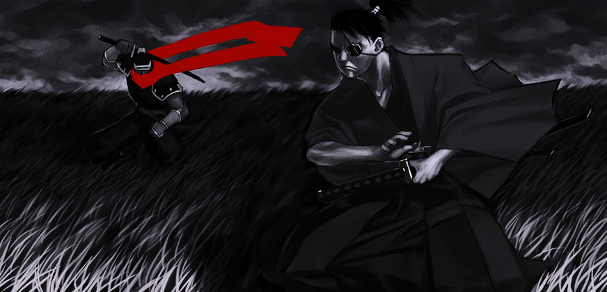 hattori hanzo, hattori hanzou, yagyuu juubei (samurai spirits), samurai spirits, snk, 2boys, dark, eyepatch, half mask, male focus, mask, monochrome, multiple boys, ninja, red theme, scarf, sword, weapon