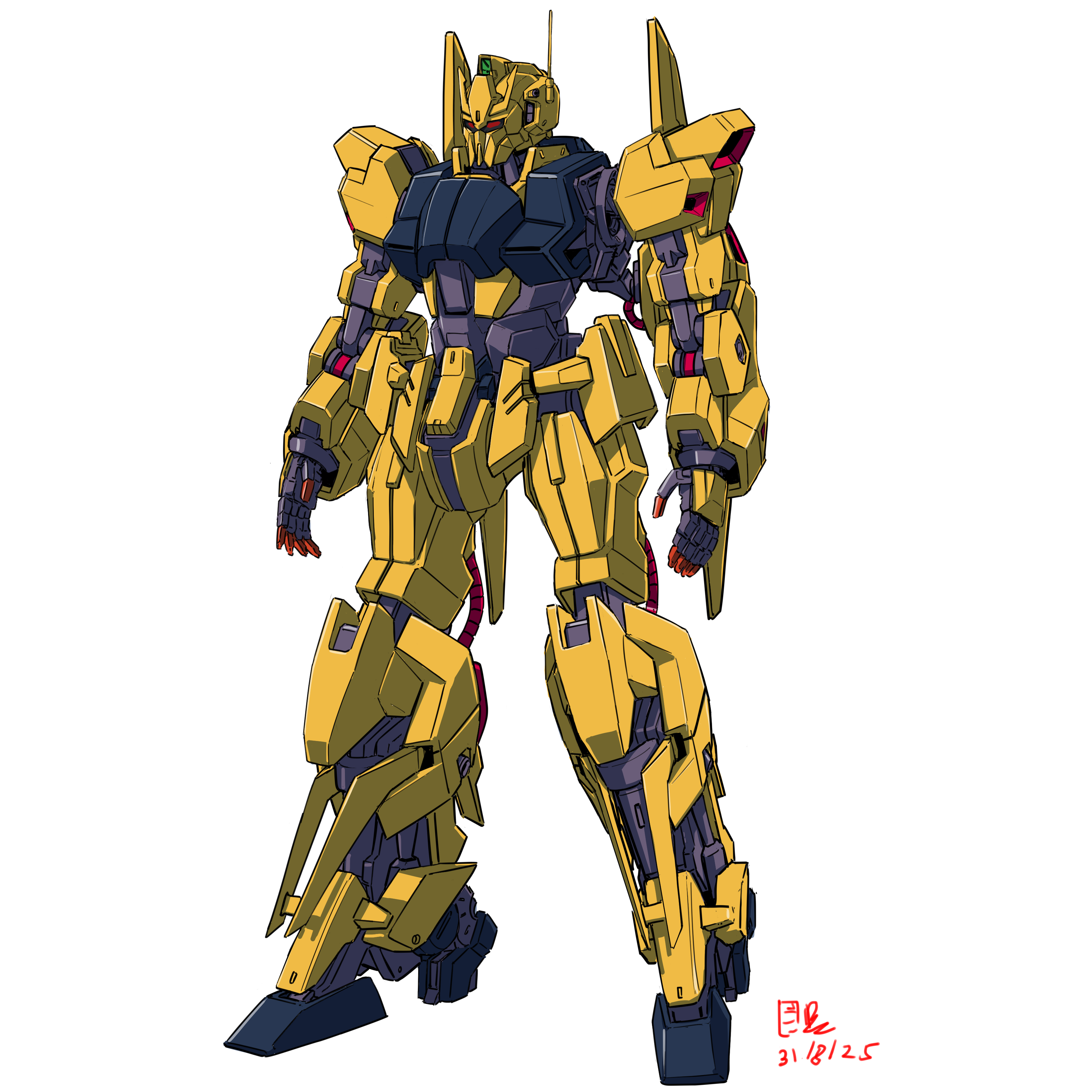 pravin rao santheran, hyaku shiki, gundam, gundam gquuuuuux, original, zeta gundam, absurdres, commentary, commentary request, english commentary, highres, 2025, aeug, alternate universe, colored lineart, dated, machinery, mecha, mecha focus, mobile suit, no humans, radio antenna, red eyes, redesign, robot, science fiction, signature, yamashita ikuto (style)