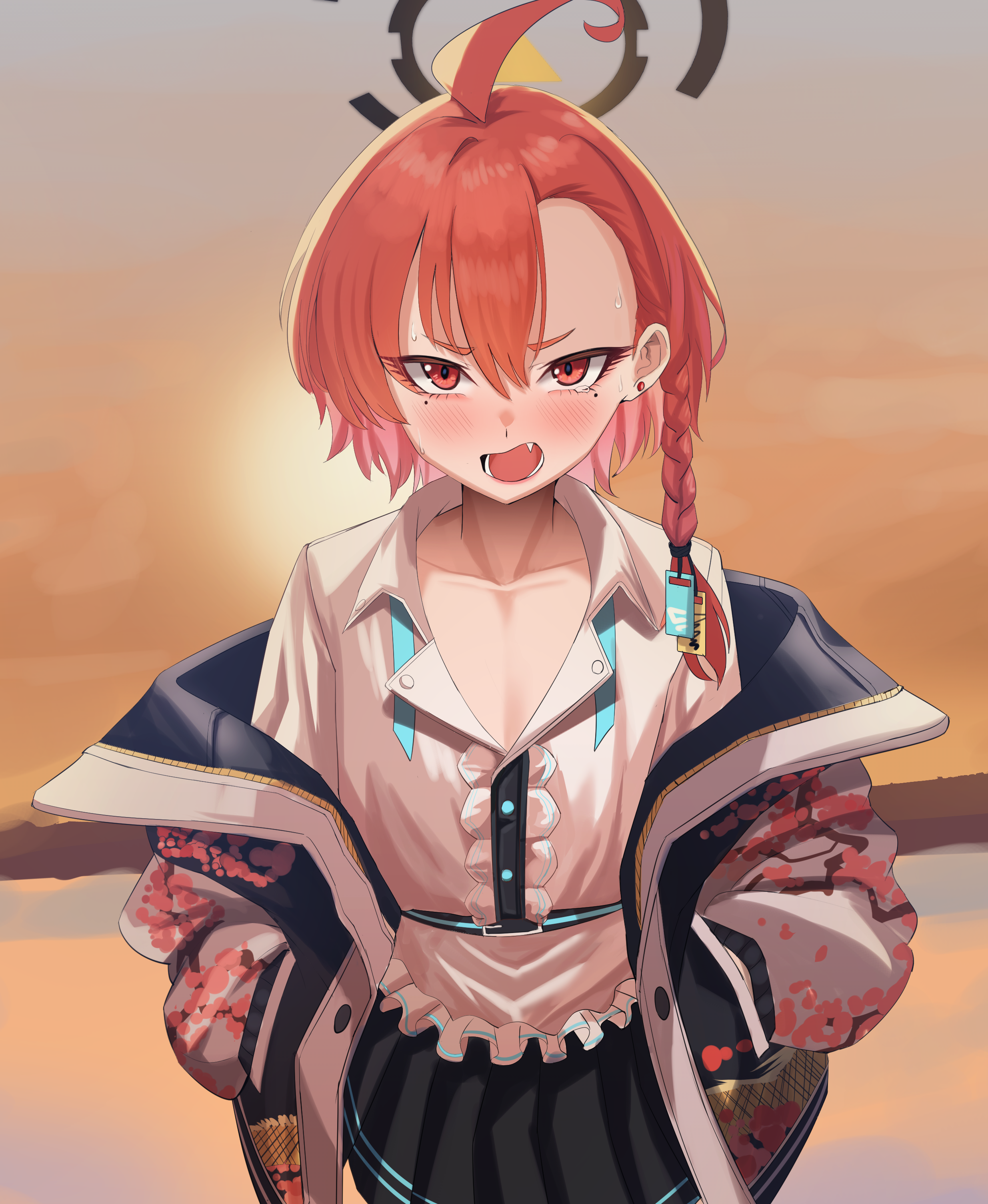 taeman, neru (blue archive), blue archive, absurdres, highres, 1girl, ahoge, black halo, black jacket, black skirt, braid, evening, fang, halo, hands in pockets, jacket, looking at viewer, mole, mole under each eye, mole under eye, multiple moles, open mouth, orange sky, print jacket, red eyes, red hair, shirt, single braid, skirt, sky, solo, sukajan, sunset, tag, white shirt