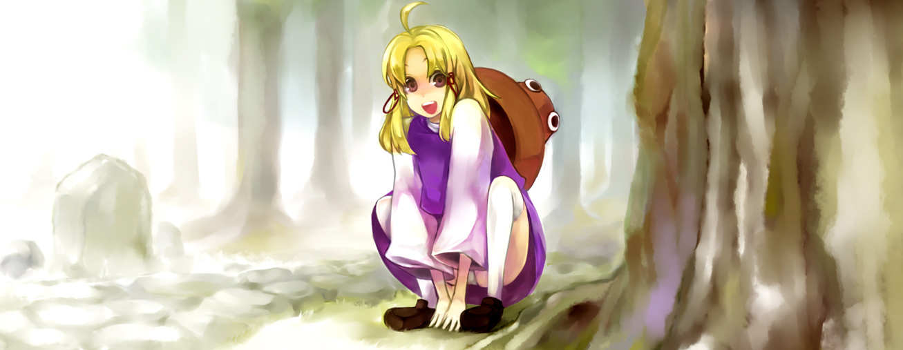 yukizen, moriya suwako, touhou, bad id, bad pixiv id, 1girl, ahoge, brown shoes, female focus, forest, hair ribbon, hat, loafers, nature, open mouth, outdoors, panties, plant, ribbon, shoes, solo, squatting, thighhighs, tree, underwear, unworn hat, unworn headwear
