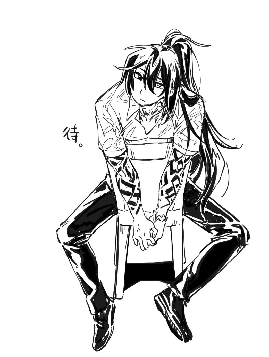 keisotu kuruu, hong lu (project moon), limbus company, project moon, highres, 1boy, arm tattoo, black hair, black pants, black shoes, chair, collared shirt, full body, hawaiian shirt, heterochromia, high ponytail, long hair, looking at viewer, male focus, monochrome, neck tattoo, pants, ponytail, shirt, shoes, short sleeves, simple background, sitting, solo, tattoo, tingtang gang (identity) (project moon), white background