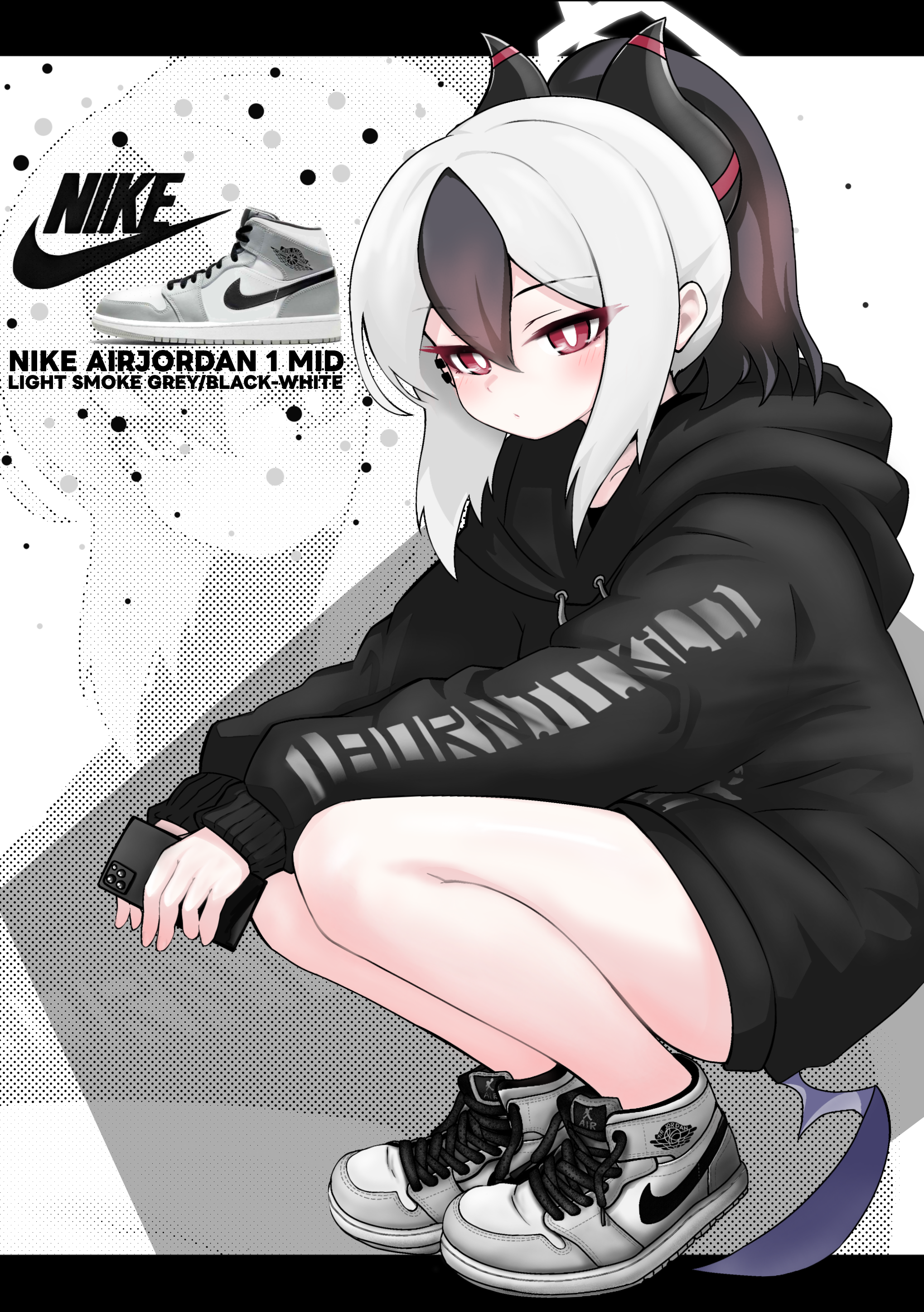 tomimon, kayoko (blue archive), blue archive, absurdres, commentary request, highres, 1girl, black hair, black hoodie, black horns, cellphone, demon girl, demon horns, grey halo, halo, holding, holding phone, hood, hoodie, horns, multicolored hair, phone, ponytail, red eyes, shoes, smartphone, sneakers, solo, squatting, white hair, wings