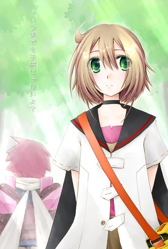 minyo, medic (sekaiju), medic 2 (sekaiju), swordsman (sekaiju), swordsman 3 (sekaiju), atlus, etrian odyssey, translation request, 1girl, bag, brown hair, cape, choker, female focus, frown, green eyes, nature, purple hair, scarf, school uniform, serafuku, short hair, solo