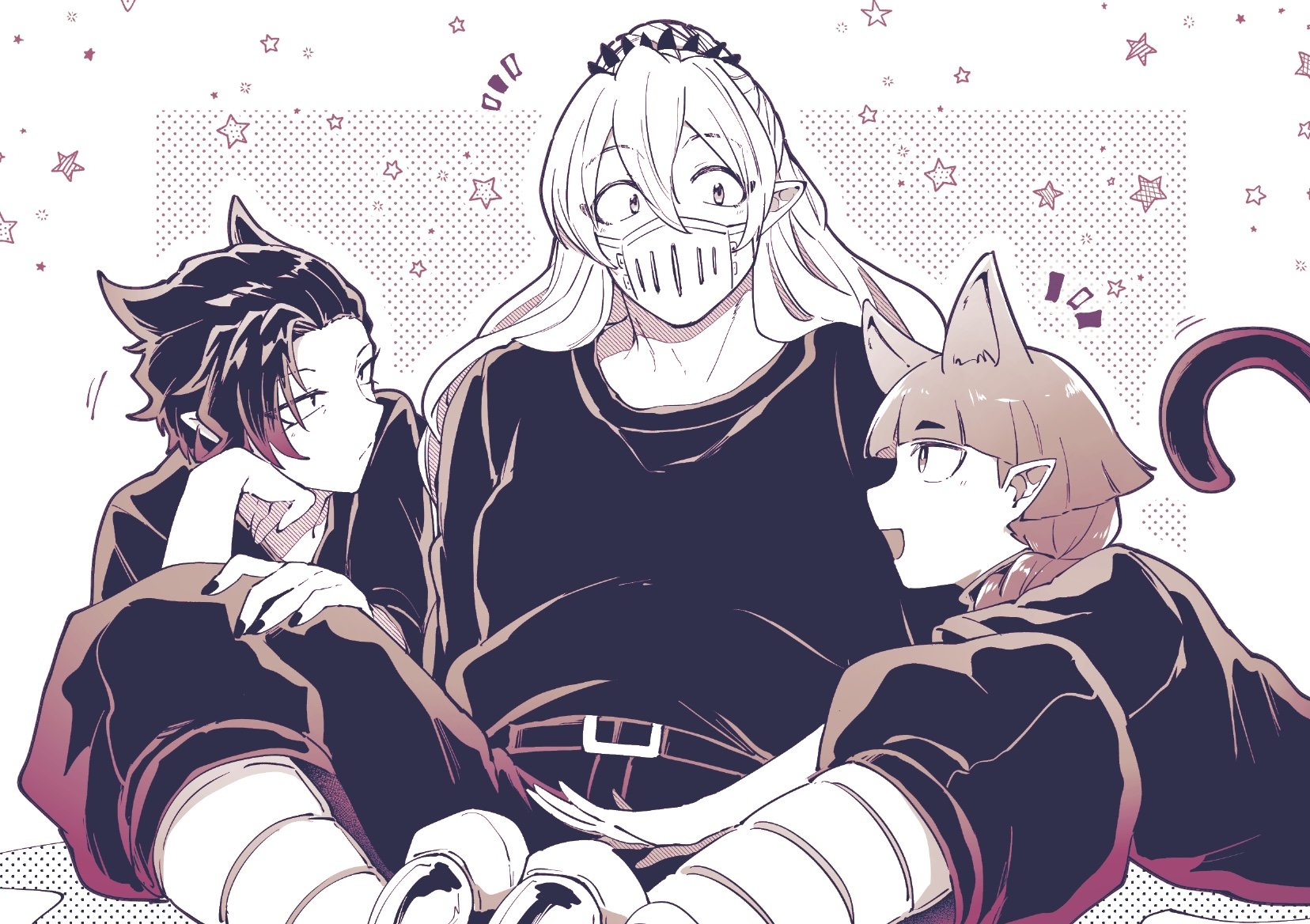 naberius kalego, opera (iruma-kun), mairimashita! iruma-kun, highres, 1other, 2boys, animal ears, balam shichiro, bird legs, blunt bangs, braid, cat ears, cat tail, extra ears, hair between eyes, indian style, isiko mim z, leaning on person, long hair, looking at another, mask, mouth mask, multiple boys, nail polish, notice lines, pants, pointy ears, ponytail, sepia, shirt, short hair, simple background, sitting, smile, tail, white background