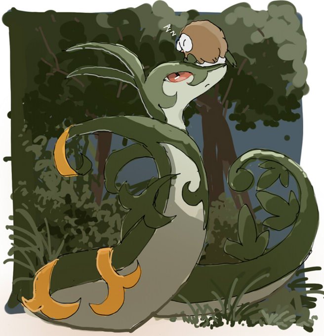 cc8nw42u15apug0, rowlet, serperior, nintendo, pokemon, commentary request, bird, closed eyes, closed mouth, gen 5 pokemon, gen 7 pokemon, grass, looking up, no humans, outdoors, owl, pokemon (creature), pokemon focus, red eyes, sleeping, snake, tree, zzz
