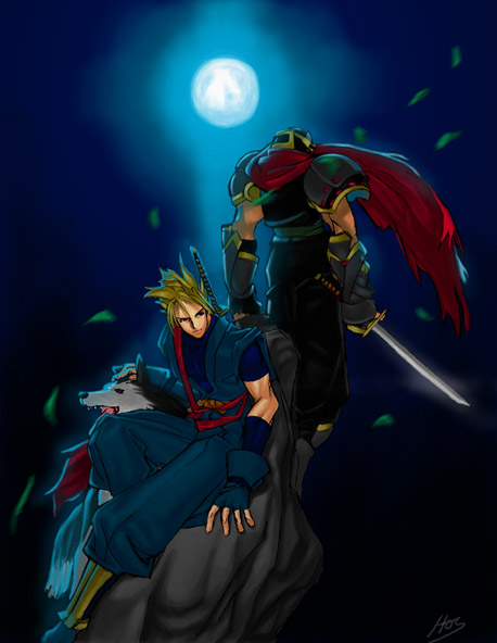 galford d weller, hattori hanzo, hattori hanzou, samurai spirits, snk, 2boys, dog, male focus, multiple boys, ninja, scarf, sword, weapon