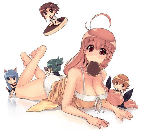 rkrk, sphie, magical antique, 5girls, ahoge, animal ears, barefoot, breasts, chibi, cleavage, food, glasses, large breasts, long hair, low-tied long hair, lying, mini person, minigirl, mouth hold, multiple girls, pancake, panties, pink hair, red eyes, tail, underwear, white panties