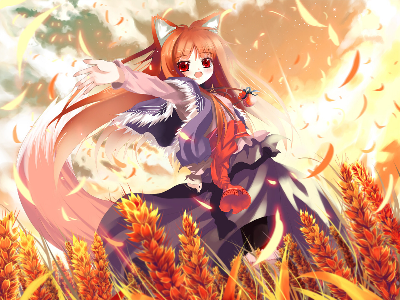 shino (eefy), holo, spice and wolf, 00s, animal ears, brown hair, red eyes, solo, tail, wheat, wolf ears, wolf tail
