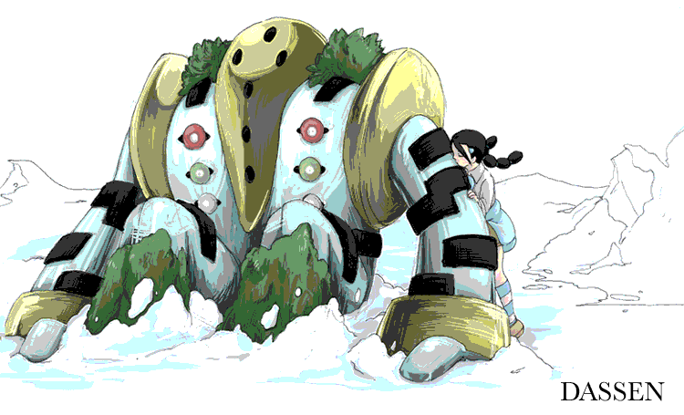 dassen, candice (pokemon), regigigas, nintendo, pokemon, pokemon dppt, 00s, 1girl, artist name, black hair, closed eyes, gen 4 pokemon, gym leader, kiss, legendary pokemon, mountain, multi-tied hair, oekaki, pokemon (creature), simple background, snow, twintails, white background