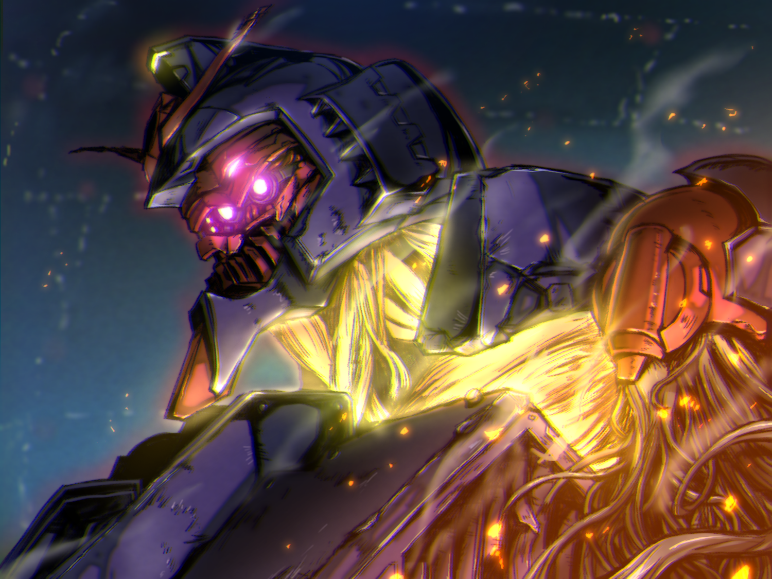 psycho gundam (gquuuuuux), gundam, gundam gquuuuuux, commentary request, battle, cable, damaged, dirty, extra eyes, glowing, glowing eyes, machinery, mecha, mecha focus, mobile armor, no humans, realistic, red eyes, robot, scene reference, science fiction, smoke, spacecraft interior, takenokoimo, upper body, v-fin, yamashita ikuto (style)