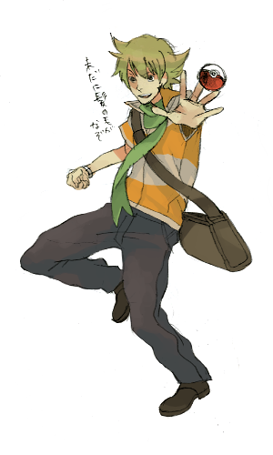 taoru (t kiji), barry (pokemon), nintendo, pokemon, pokemon dppt, bookbag, lowres, source request, translation request, 00s, 1boy, bag, blonde hair, male focus, poke ball, poke ball (basic), satchel, scarf, simple background, smile, solo, throwing, throwing poke ball, white background