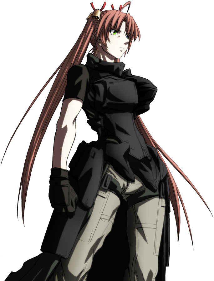 imizu (nitro unknown), kagurazaka asuna, mahou sensei negima!, 00s, 1girl, ahoge, bell, blue eyes, female focus, gloves, green eyes, heterochromia, long hair, military, military operator, pink hair, red hair, simple background, solo, thigh strap, turtleneck, twintails, very long hair, vest