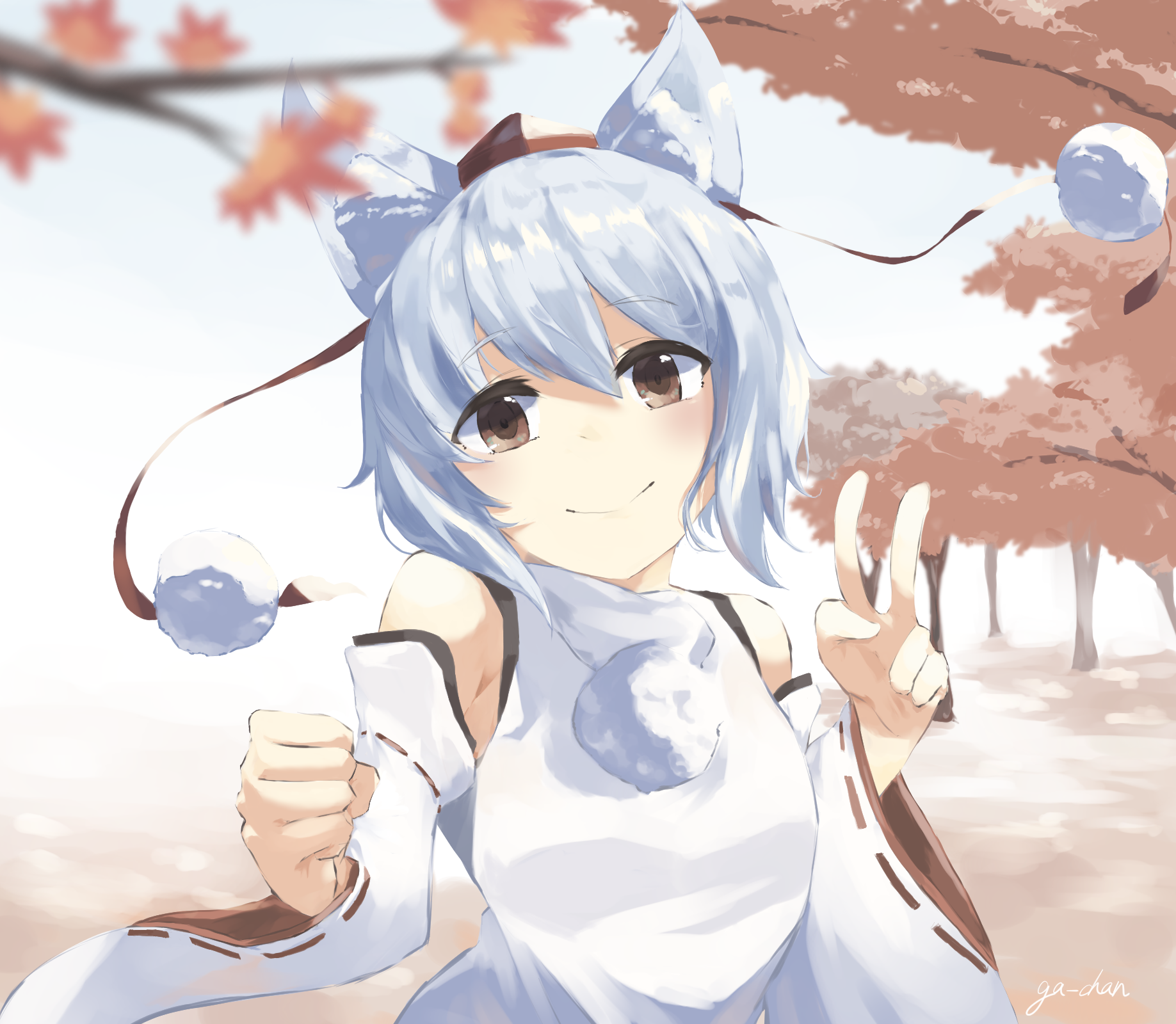 ga-chan (kokonattusoul), inubashiri momiji, touhou, commentary request, highres, partial commentary, 1girl, animal ear fluff, animal ears, arms up, blurry, brown eyes, clenched hand, closed mouth, depth of field, detached sleeves, hair between eyes, hat, long sleeves, looking at viewer, maple tree, medium hair, outdoors, pom pom (clothes), red hat, red ribbon, ribbon, ribbon-trimmed sleeves, ribbon trim, shirt, sidelighting, signature, sky, smile, solo, split mouth, swept bangs, tokin hat, tree, upper body, v, white hair, white shirt, white sky, wide sleeves, wolf ears, wolf girl